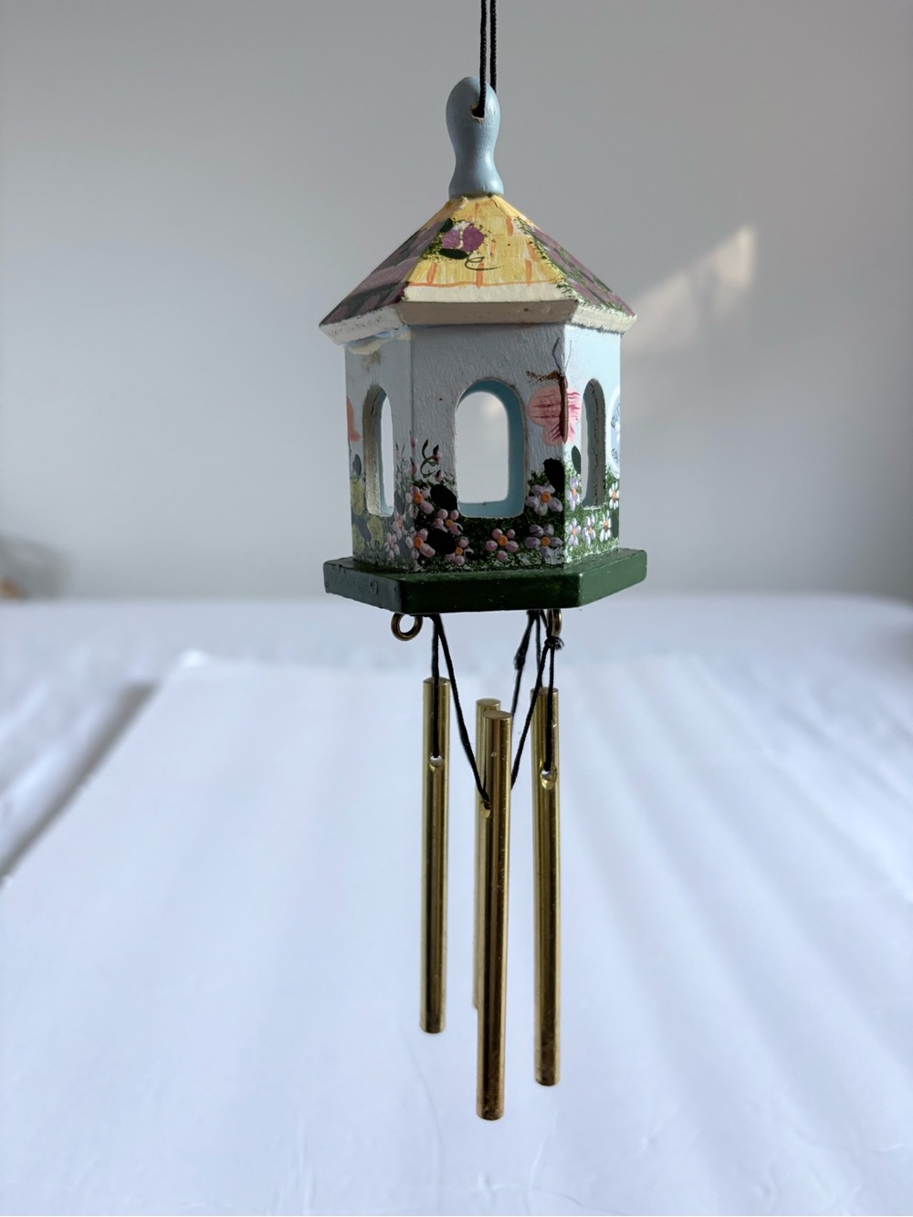 Kathy Hatch Green Wooden Wind Chime with Gold Tubes and Black Cords